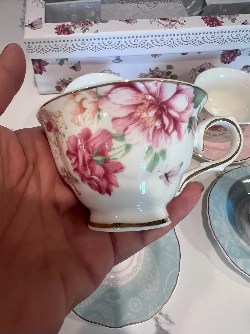 Grace Teaware Porcelain Set of 4 Espresso Cups & Saucers Pink Floral Design